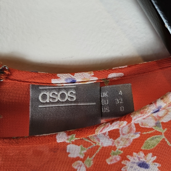 ASOS Crepe Sheer Peplum Ruffle Shoulder Dress Fully Lined Size 0 Red Floral 1518 - Picture 7 of 15